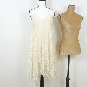 Anna Sui X O'Neill Cream Lace Halter Uneven Hem Fringe Size M Beach Sexy Dress
